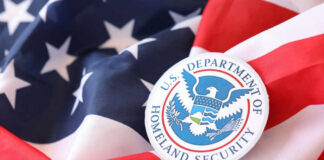 U.S. Department of Homeland Security emblem on an American flag