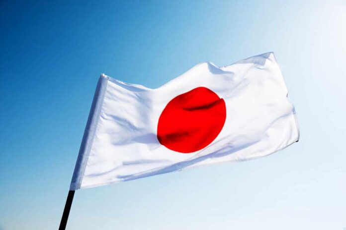 Japanese flag with a red circle on a white background waving against a blue sky