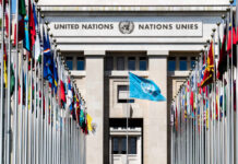 United Nations building with multiple international flags in front