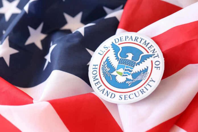 U.S. Department of Homeland Security emblem on an American flag