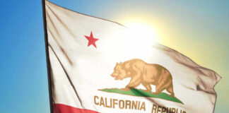California state flag waving in the sunlight