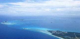 Aerial view of a tropical island surrounded by blue ocean waters