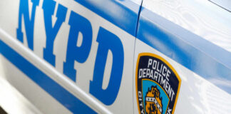 Close-up of a New York Police Department vehicle showcasing the badge and blue stripes