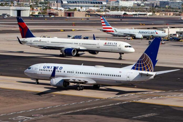 Three commercial airplanes on an airport runway