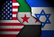 U.S. Entanglement Questioned in Israeli Actions Torn wall revealing flags of the USA, Syria, and Israel