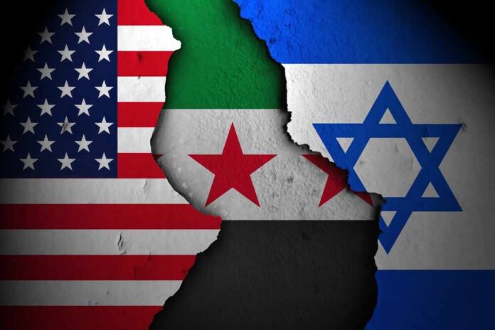 shutterstock_2644510039.jpg Torn wall revealing flags of the USA, Syria, and Israel