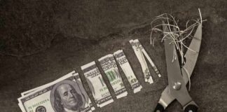 Scissors cutting through shredded dollar bills on a dark surface