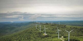 Aerial view of wind turbines on a green hillside