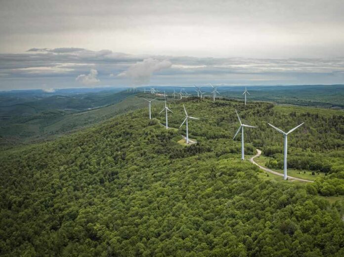 Aerial view of wind turbines on a green hillside