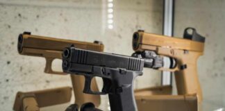 Display of handguns in a glass case