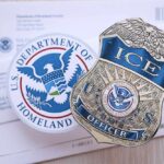ICE badge and U.S. Department of Homeland Security emblem on official documents