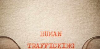 Typewritten text reading 'HUMAN TRAFFICKING' on paper