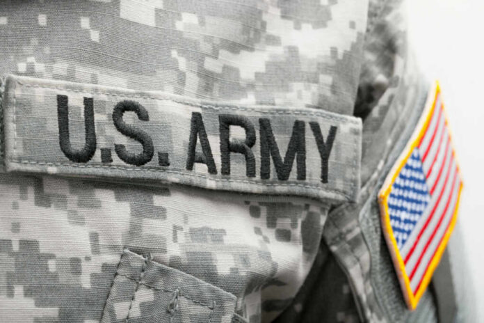 Close-up of a U.S. Army uniform with an American flag patch