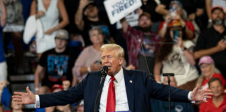 A speaker at a political rally addressing a large crowd with enthusiasm