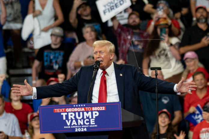 A speaker at a political rally addressing a large crowd with enthusiasm