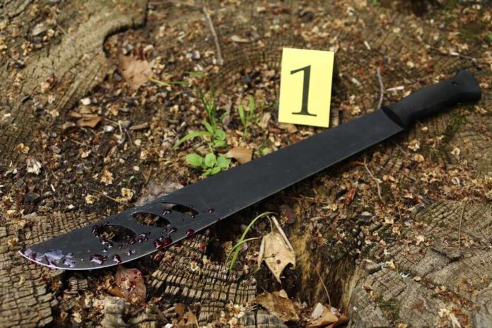 A machete with blood on it lying on the ground next to an evidence marker