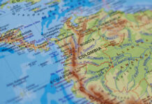 A detailed map showing Colombia and its geographical features