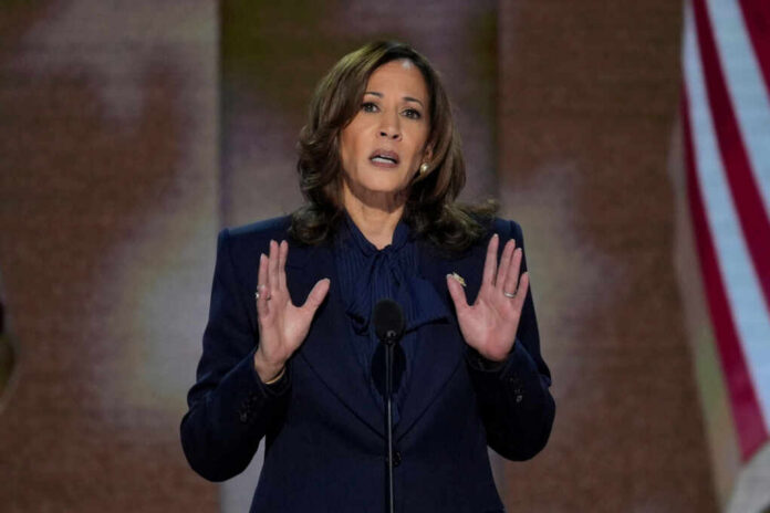 A woman in formal attire delivering a speech at a podium with an American flag in the background