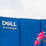 Dell Technologies logo on a blue building facade