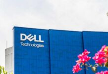 Dell Technologies logo on a blue building facade