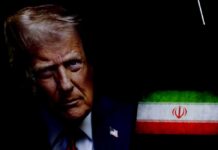 Trump’s High-Stakes Play with Iran Revealed Close-up portrait of a political figure with the Iranian flag in the background
