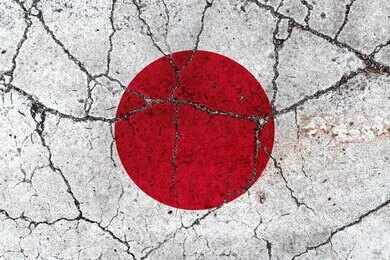 Japanese flag with a red circle on a white background waving against a blue sky