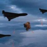 Mystery Drone Triggers NATO Fire Three military drones fly through a cloudy sky amid anti-air fire