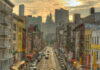 A bustling street in Chinatown, New York City, with historic buildings and vehicles under a sunset sky