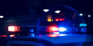 Close-up of police car lights flashing at night