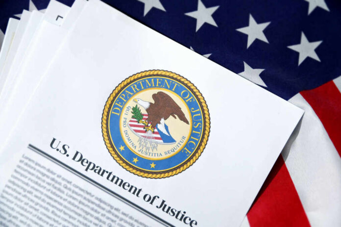Official U.S. Department of Justice document on an American flag background