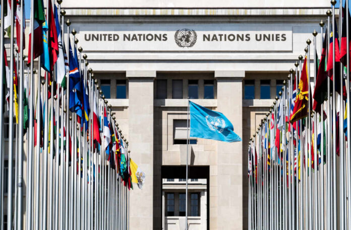 Geneva,,Switzerland,-,June,20,,2017:,National,Flags,At,The United Nations building with multiple international flags in front
