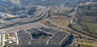 The Pentagon aerial view with surrounding highways and parking lots