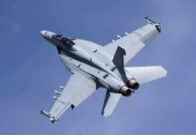 Fighter jet banking in clear sky