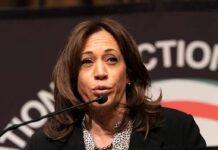 Kamala Harris’ Malibu Home Sparks Questions woman speaking at a podium with microphone