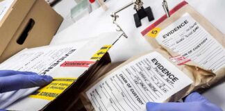 Gloved hands handling labeled evidence bags and boxes