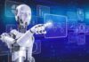 Japan’s Massive AI Experiment Begins A humanoid robot interacting with a digital interface displaying data and graphs
