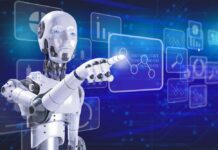 Japan’s Massive AI Experiment Begins A humanoid robot interacting with a digital interface displaying data and graphs