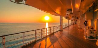 Sunset view from a cruise ship deck overlooking the ocean