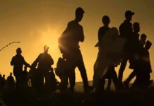 Silhouettes of people walking at sunset
