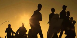 Silhouettes of people walking at sunset