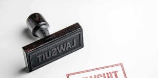 Rubber stamp with red lawsuit imprint on white paper