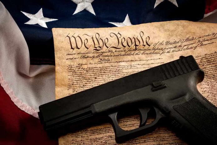 Handgun on U.S. Constitution with American flag backdrop