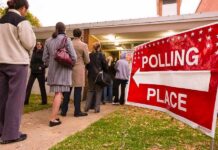 People lining up outside a polling place