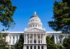 State capitol building with white dome and columns framed by trees