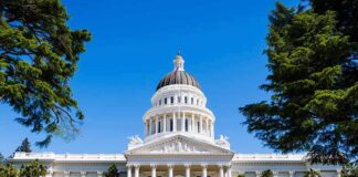 State capitol building with white dome and columns framed by trees