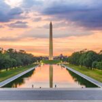 Washington Monument reflected in the Lincoln Memorial Reflecting Pool at sunset