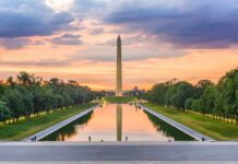 Washington Monument reflected in the Lincoln Memorial Reflecting Pool at sunset