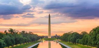 Washington Monument reflected in the Lincoln Memorial Reflecting Pool at sunset