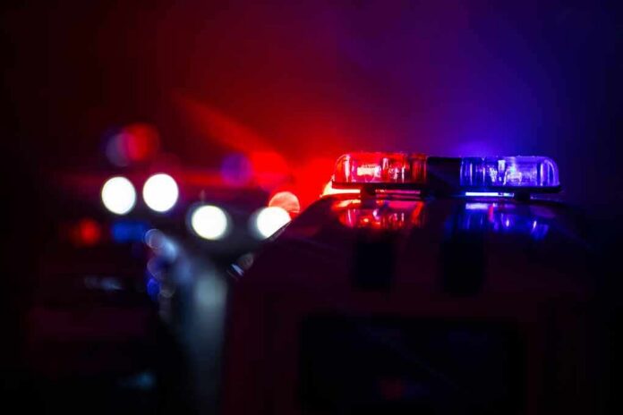 Police car light bar flashing red and blue at night