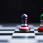 Two chess pawns with U.S. and Iran flag designs on a board